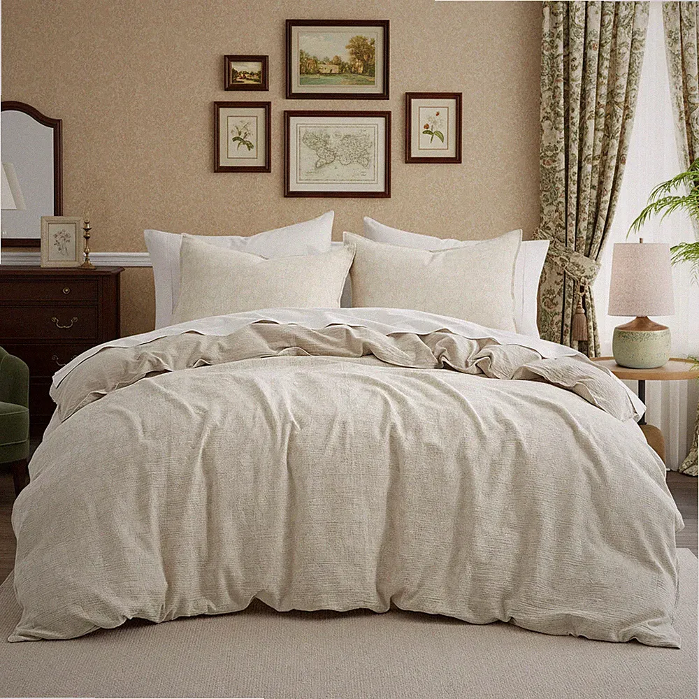 3-Piece Linen Cotton Blend Duvet Cover Set, Queen/King with Shams, Corner Ties
