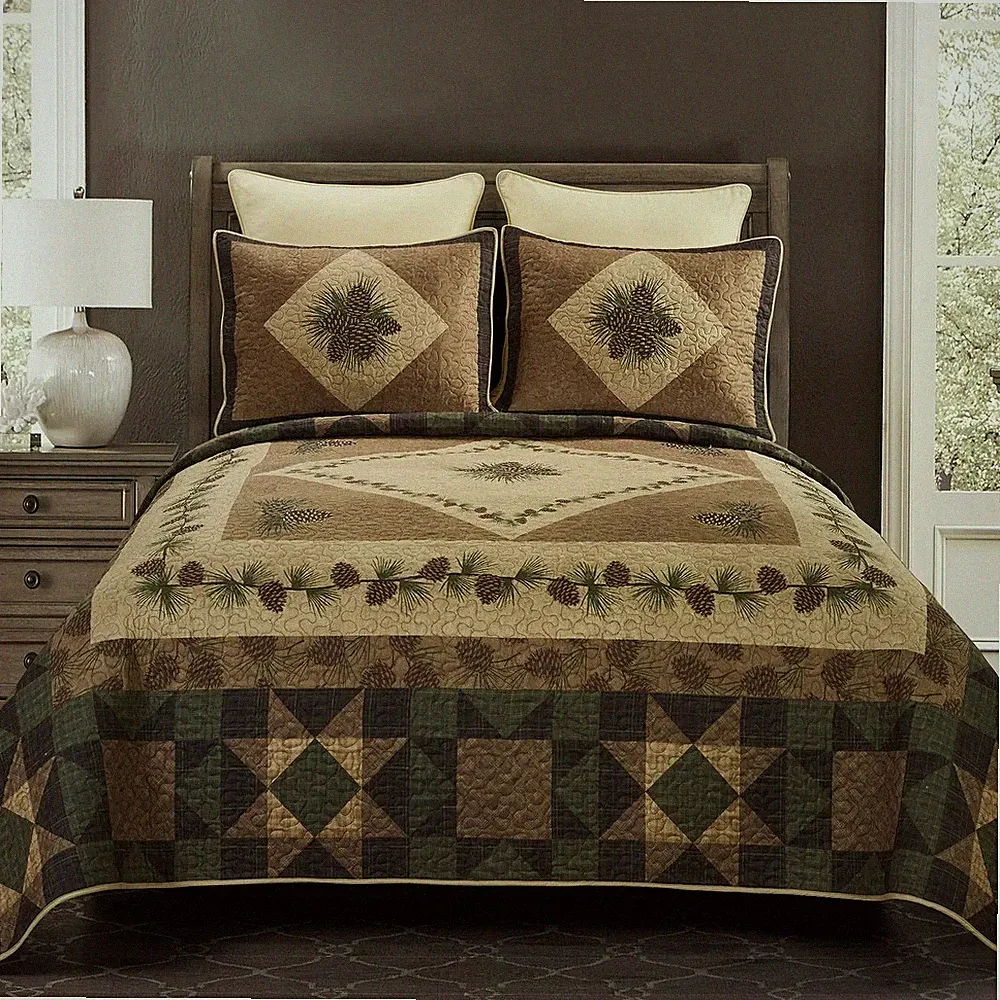 Antique Pine Rustic Country Cabin King 3 Pc Quilted Bedding Set