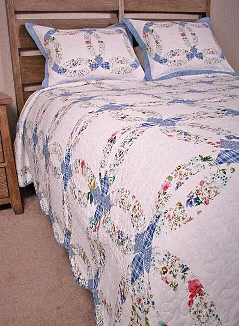 BLUE WEDDING RING 3pc King QUILT SET : COTTAGE ROMANTIC COUNTRY FLORAL GARDEN