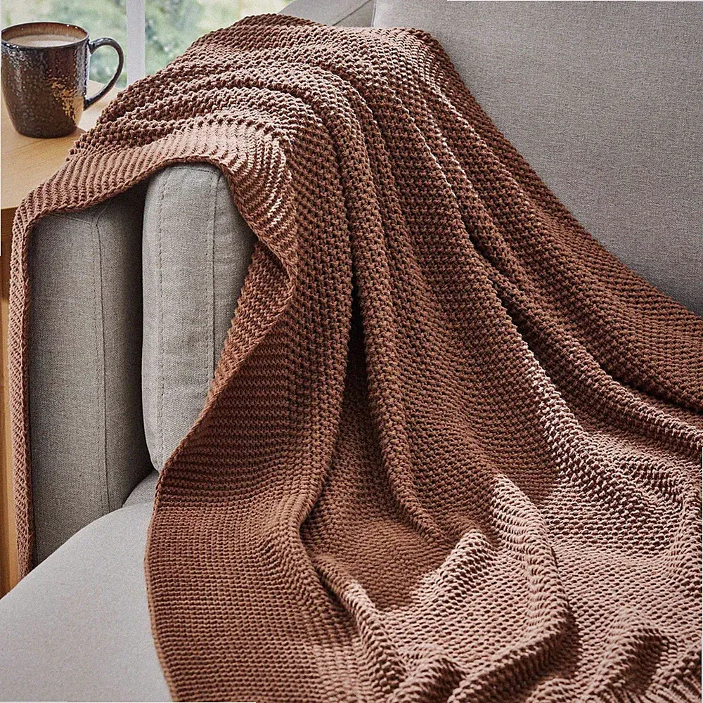 Brown Cotton-Blend Chunky Knit Throw, 50" x 60"