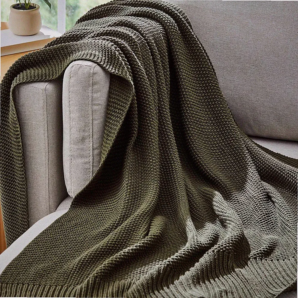 Chunky Knit Deep Green Throw, Cotton-Blend, 50"x60", 2.3 LB, All Ages