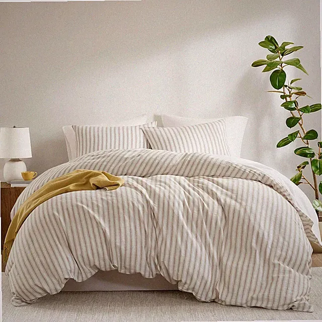 Cooling King Duvet Cover Set - Lightweight Tan Striped Linen Cotton Blend