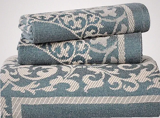 Cotton Blend Bedspread Set 2 Piece Jacquard Vintage Floral Cerulean Blue Twin