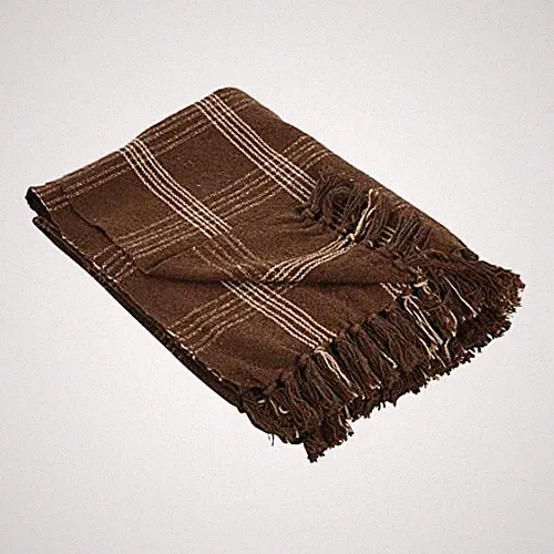 Creative Co-Op Recycled Cotton Blend Throw Blanket with Fringe, Brown Plaid