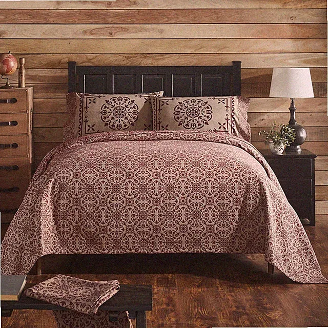 Custom House Burgundy Tan Jacquard Queen Coverlet 94Wx94L VHC Brands