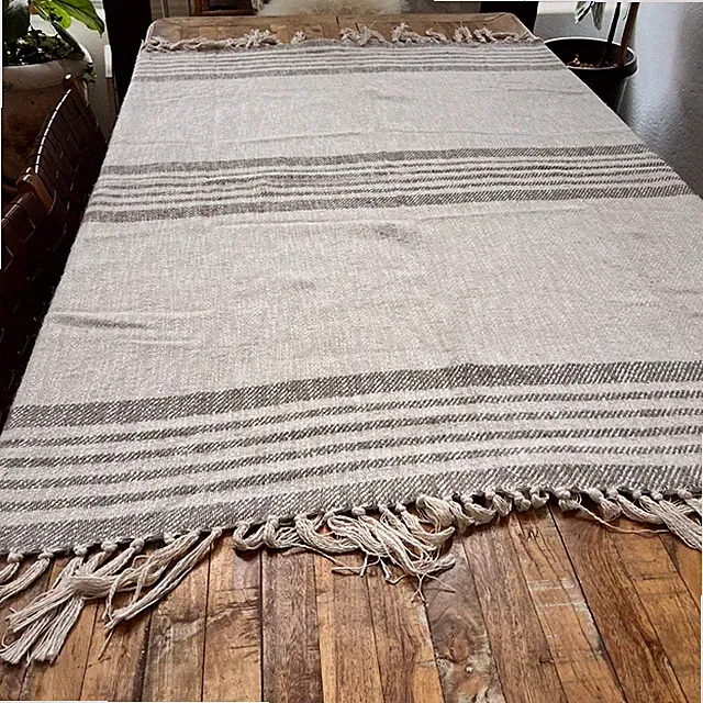 Fringed Throw Blanket Gray & Cream Medium Cotton Blend Comfy Cozy
