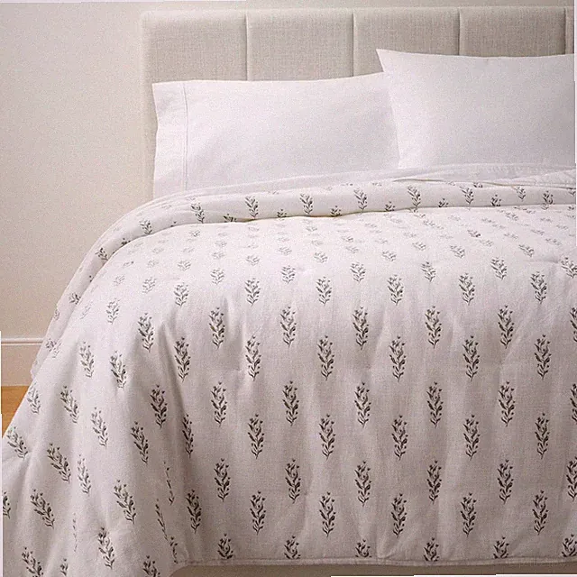 Full/Queen Lofty Cotton Slub Wood Block Floral Quilt White - Threshold designed