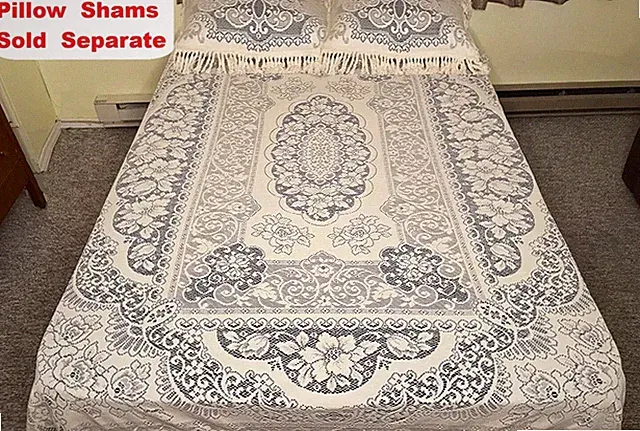Full/Queen Somerset Rose Ivory Fringe Lace Coverlet 84" x 94" Cotton Blend