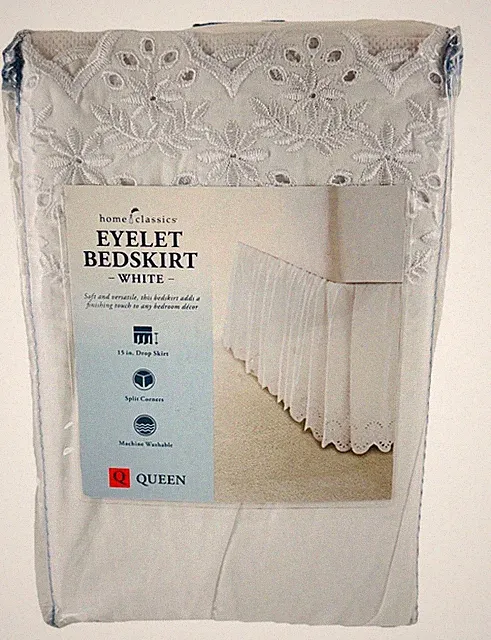 HOME CLASSICS White Eyelet Queen Cotton-Blend Bed Skirt 15” Drop- New!