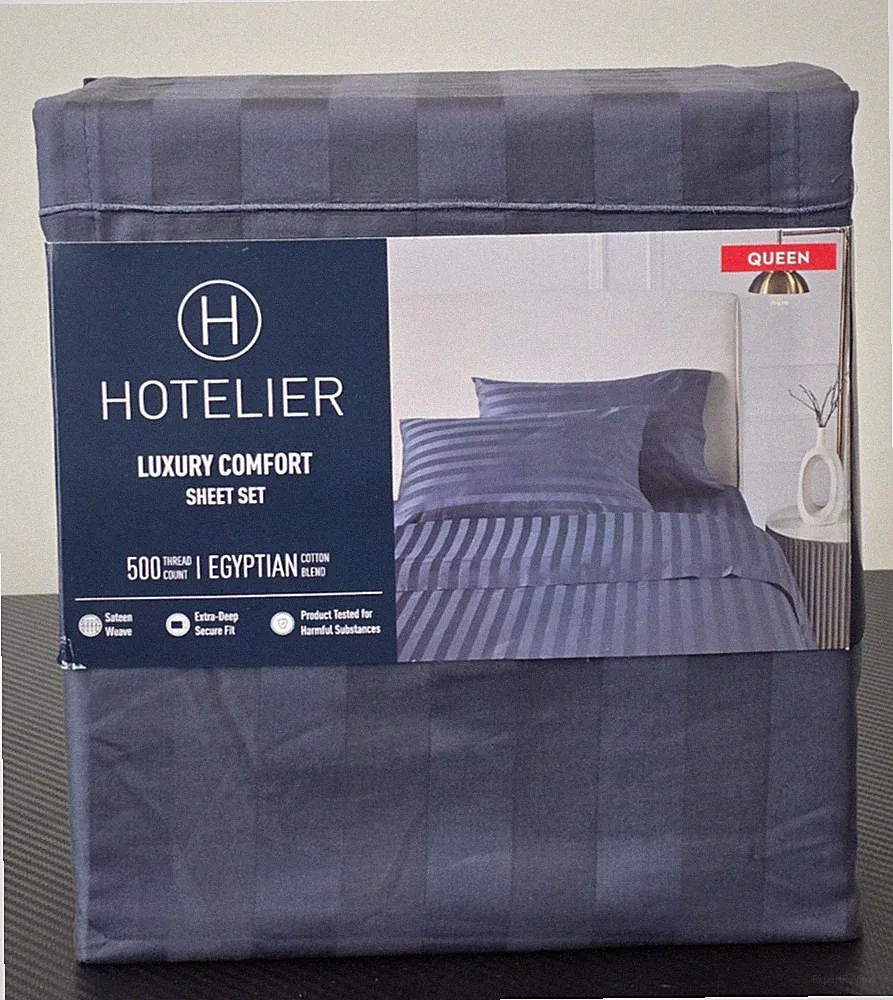 Hotelier Luxury 500TC Egyptian Cotton Blend Queen Stripe Navy 4 Piece Sheet Set