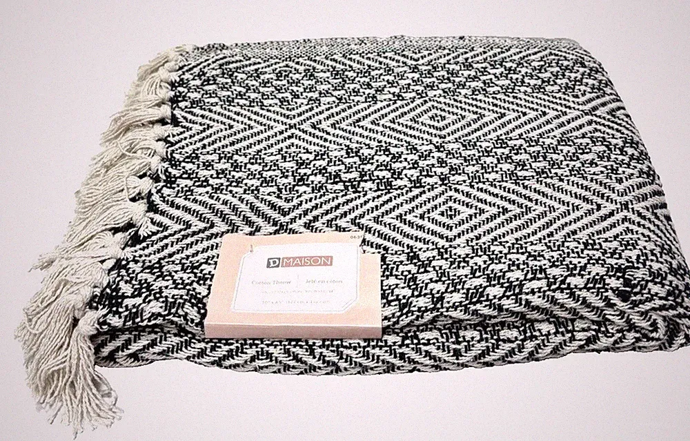 Navy & White Cotton-Blend Throw Blanket, 50" x 60", Cozy & Stylish, New