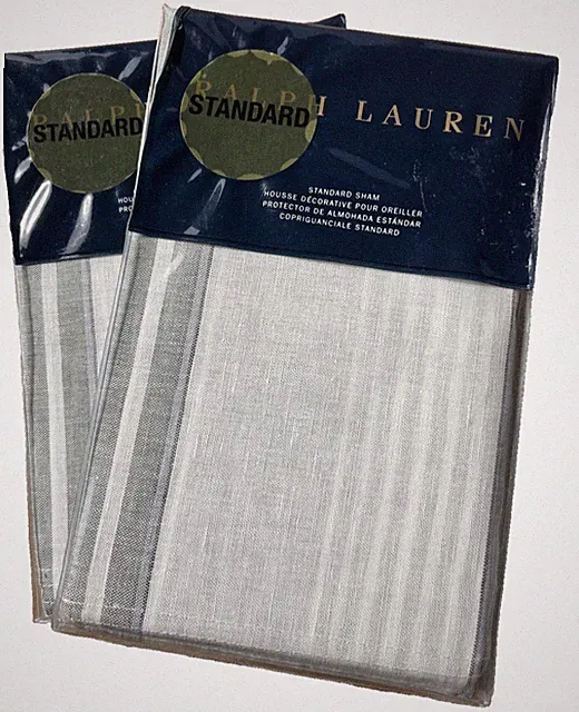 RALPH LAUREN~2 Standard~Striped Shams~OAKVIEW~White/Green~Cotton Linen blend~NWT