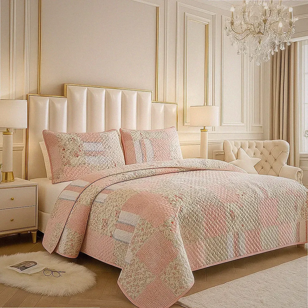 Reversible Cotton Blend Bedding Quilt Set with Embroidered Shams Elegant Floral