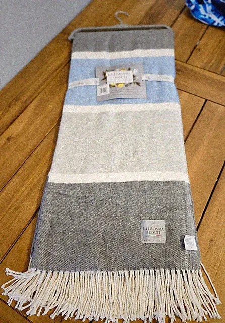 Soft Cotton Blend Throw Blanket, NWT, Made In Italy, Blue, Cream, Grey, 52 X 66"