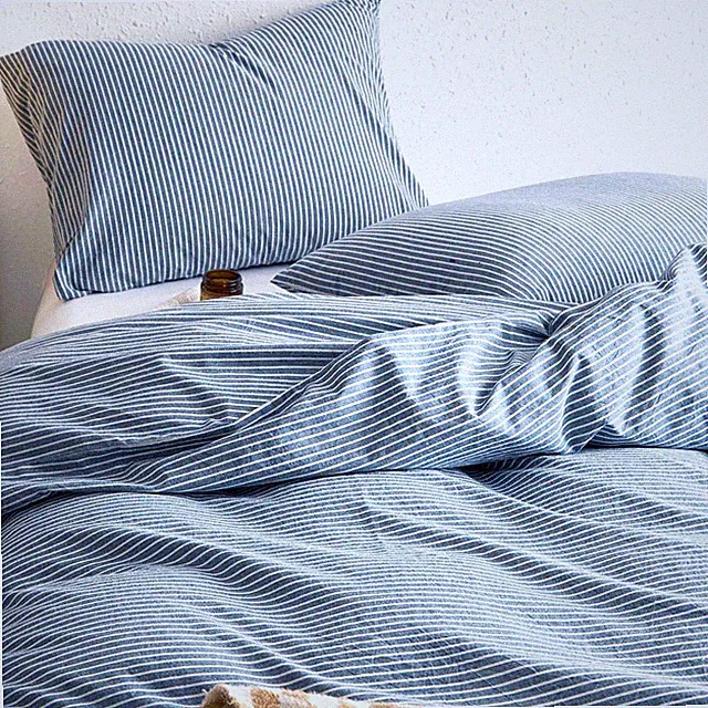 Striped Cotton Duvet Cover Set, 100% Washed Cotton Textured Percale Bedding...