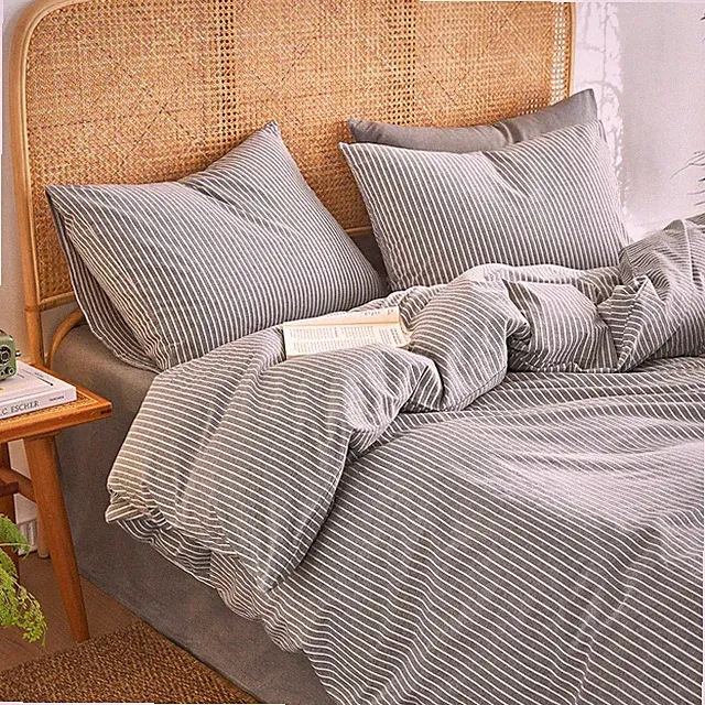 Striped Cotton Duvet Cover Set, 100% Washed Cotton Textured Percale Bedding Se